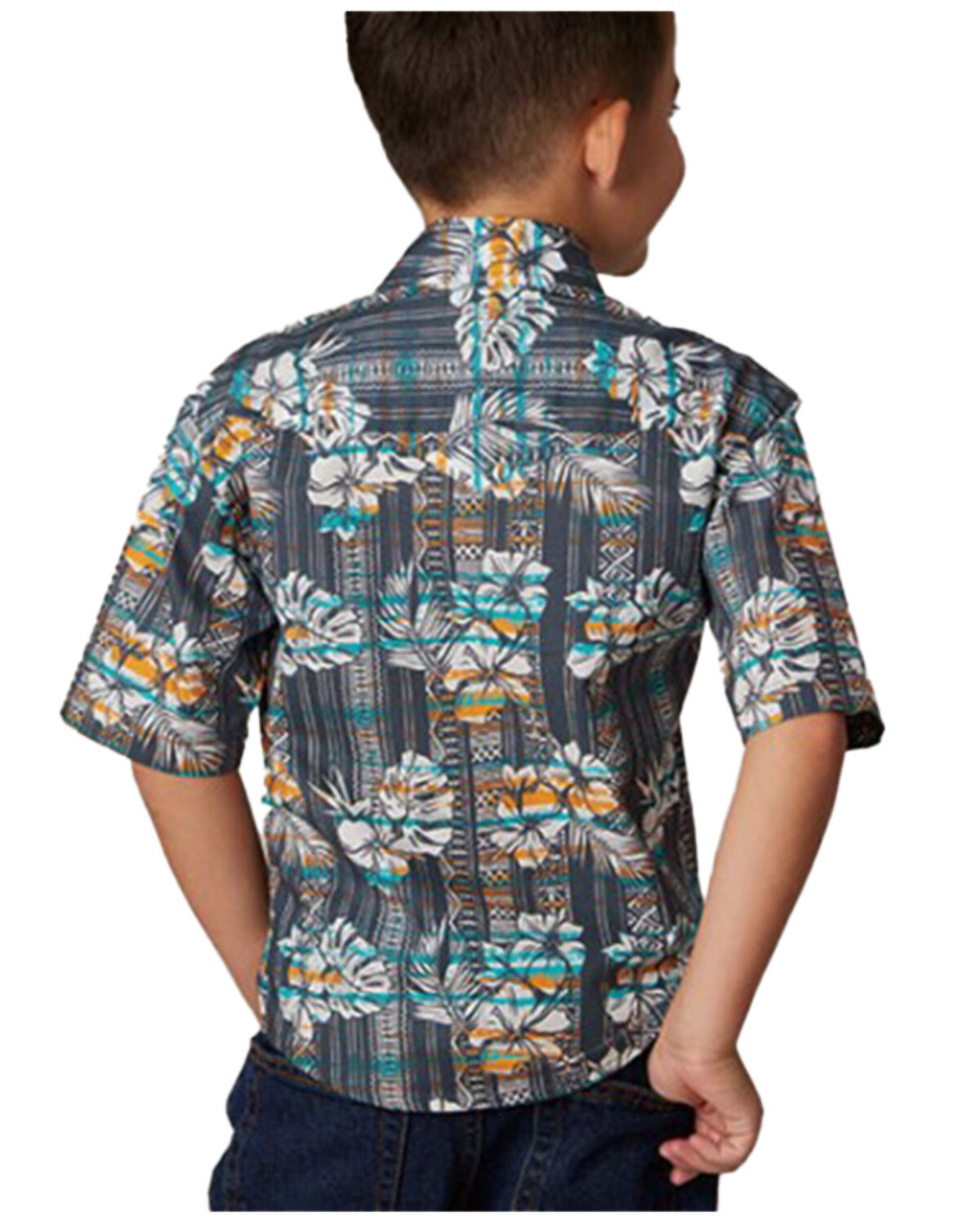 Image #2 - Roper Boys' Hawaiian Floral Print Short Sleeve Snap Western Shirt, Blue, hi-res