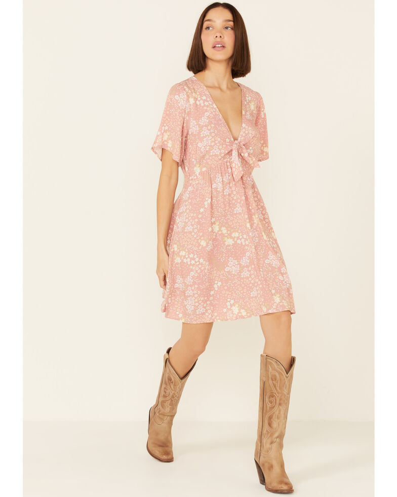 Beyond The Radar Women's Mauve Floral Tie-Front Dress, Mauve, hi-res