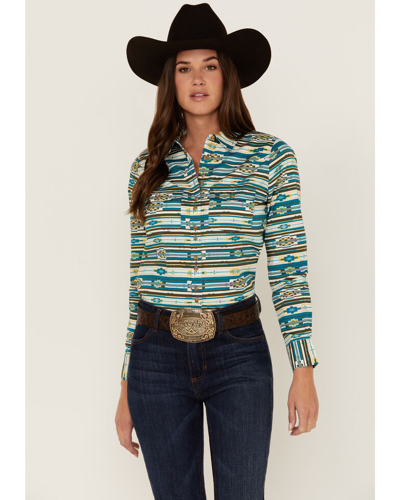 Rank 45 Women's Southwestern Teal Multi Print Riding Shirt, Teal, hi-res