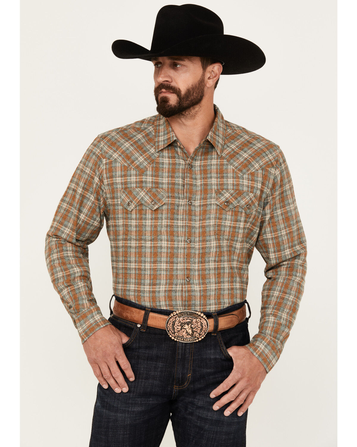 Image #1 - Moonshine Spirit Men's Hickory Plaid Print Long Sleeve Snap Flannel Shirt, Grey, hi-res