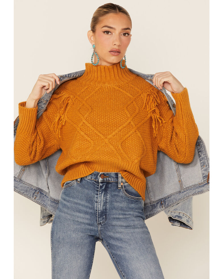 Patrons of Peace Women's Mustard Fringe Turtle Neck  Haven Knit Pullover Sweater, Mustard, hi-res