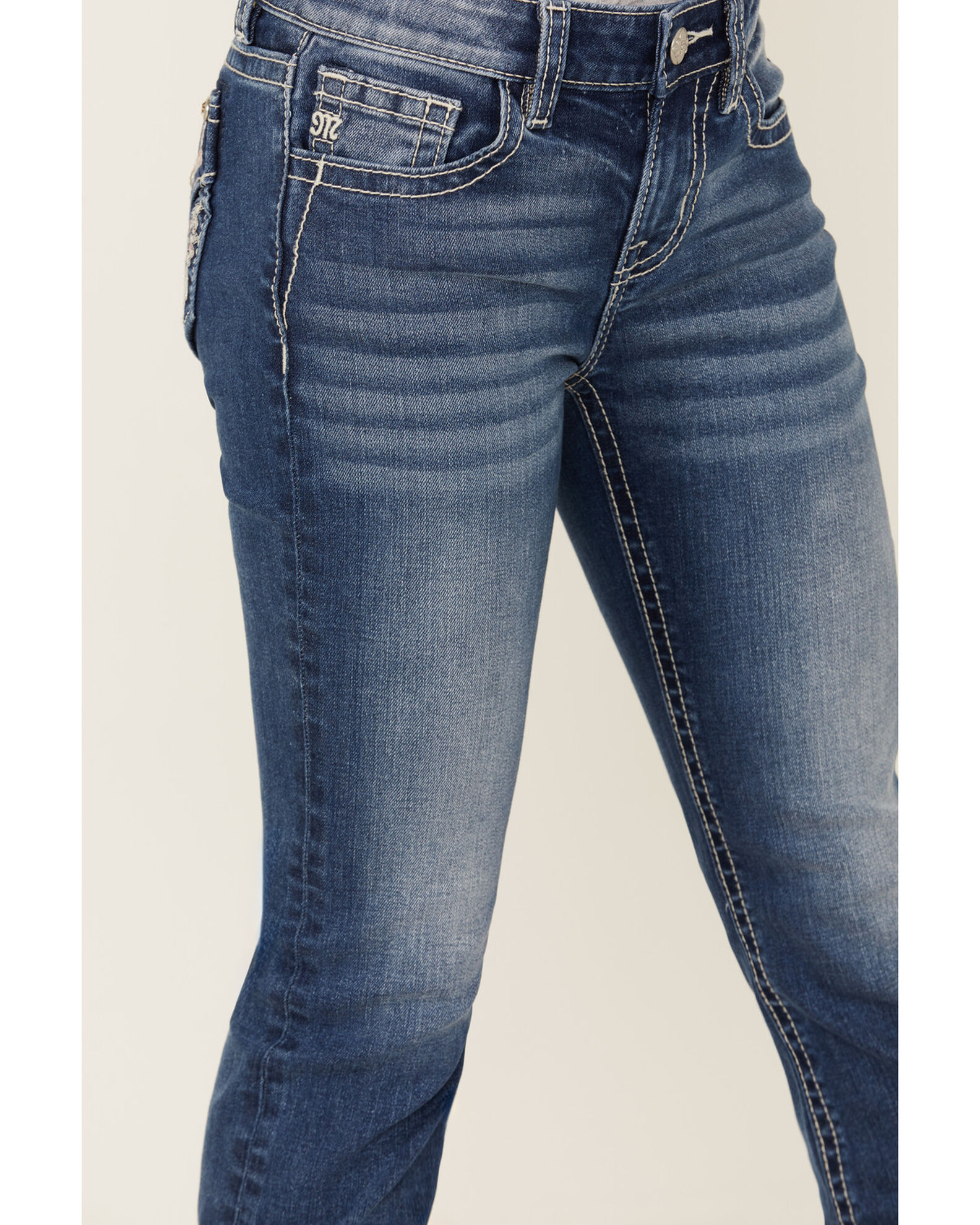 Image #4 - Miss Me Girls' Dark Wash Americana Wing Faux Flap Pocket Bootcut Stretch Denim Jeans, Blue, hi-res
