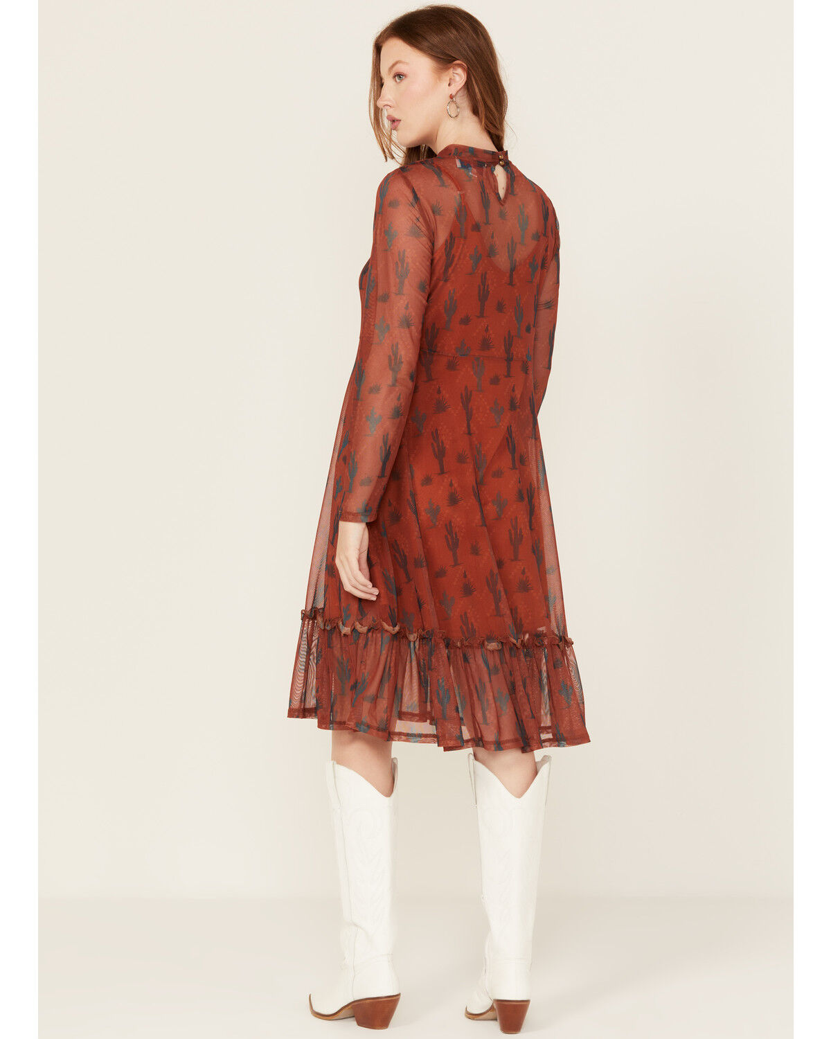 Image #4 - Panhandle Women's Cactus Print Long Sleeve Mesh Midi Dress, Rust Copper, hi-res