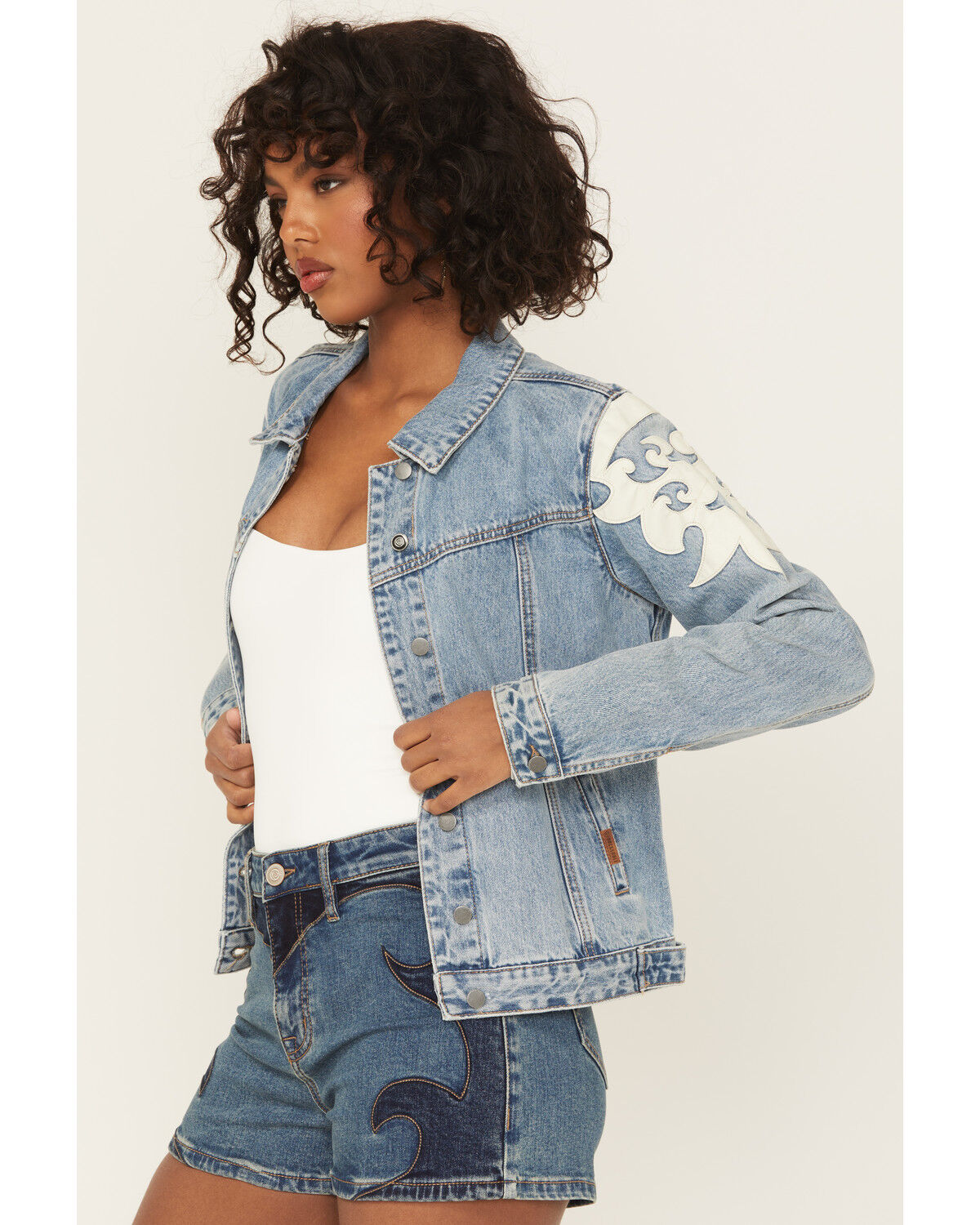 Image #2 - Rock & Roll Denim Women's Light Wash Pleather Fringe Denim Jacket, Light Wash, hi-res