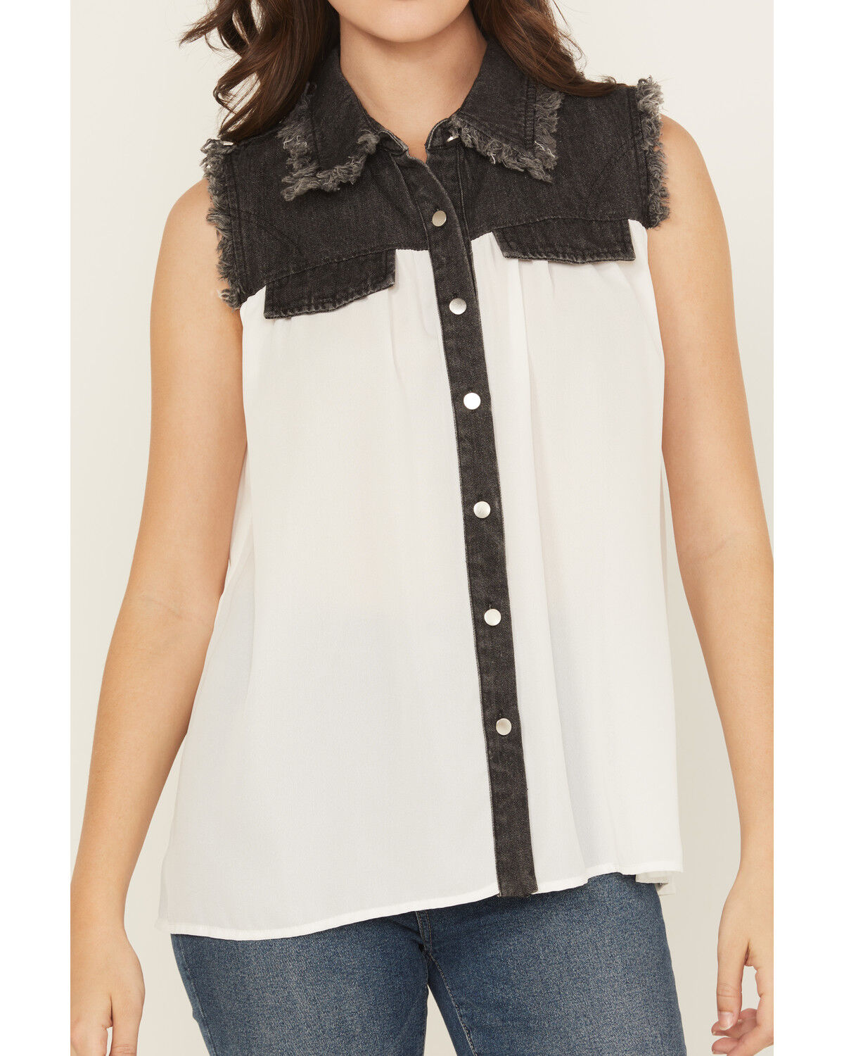 Image #3 - Cowgirl Hardware Women's Sleeveless Denim Chiffon Blouse, Black, hi-res