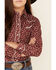 Roper Girls' Floral Print Long Sleeve Pearl Snap Western Shirt , Burgundy, hi-res