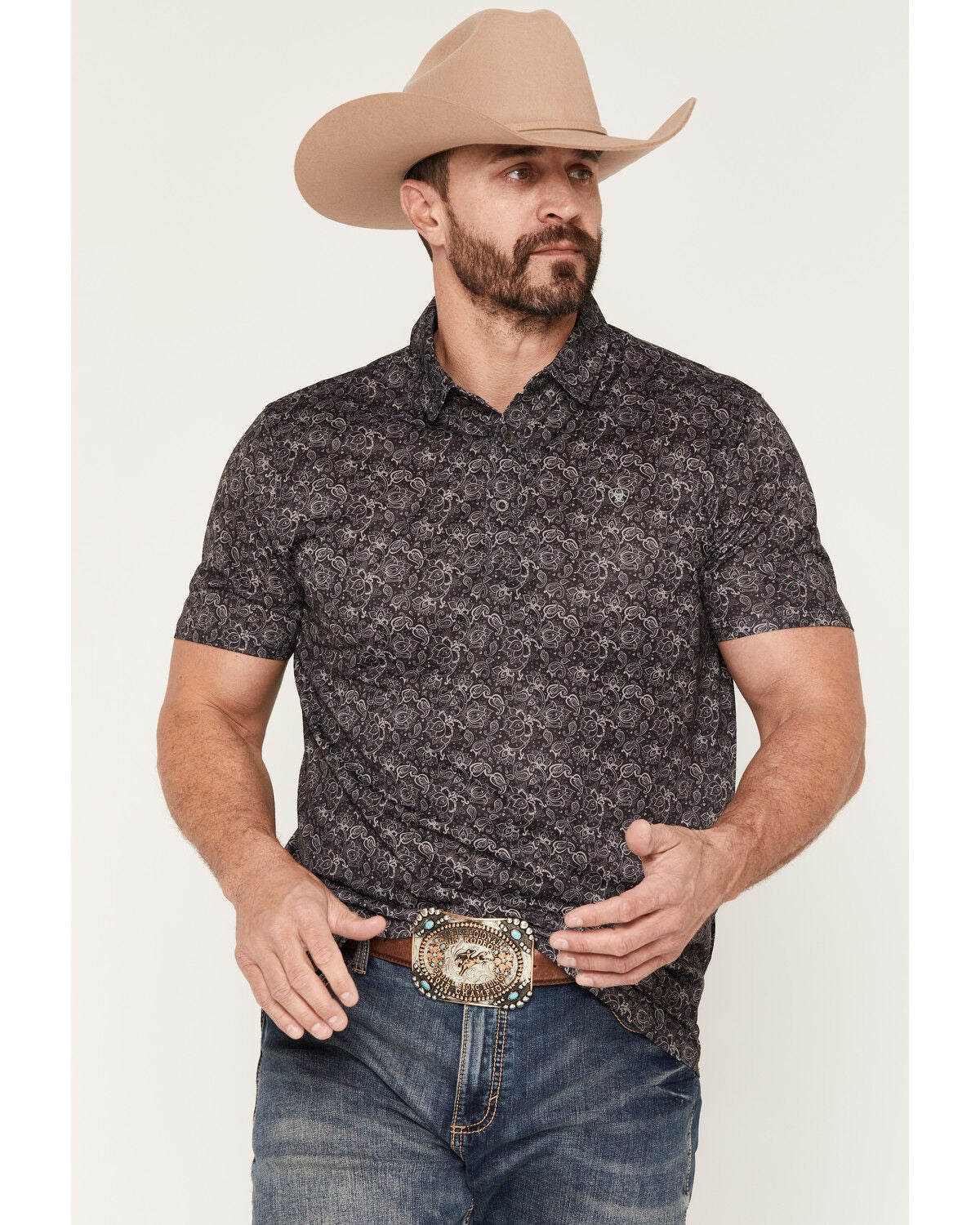 Image #1 - Ariat Men's Paisley Print Short Sleeve Button-Down Polo, , hi-res
