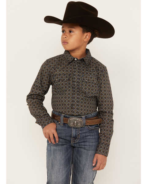 Image #1 - Cody James Boys' Big Bucks Geo Print Long Sleeve Western Snap Shirt, Dark Brown, hi-res