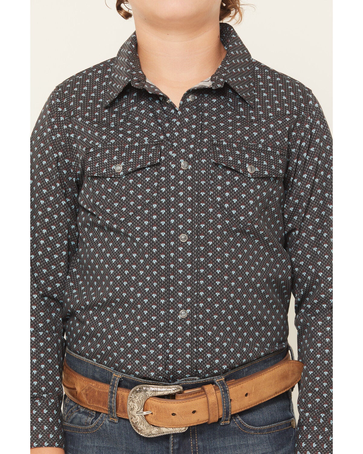 Image #3 - Gibson Trading Co Boys' Moonflower Geo Print Long Sleeve Snap Western Shirt, Black, hi-res