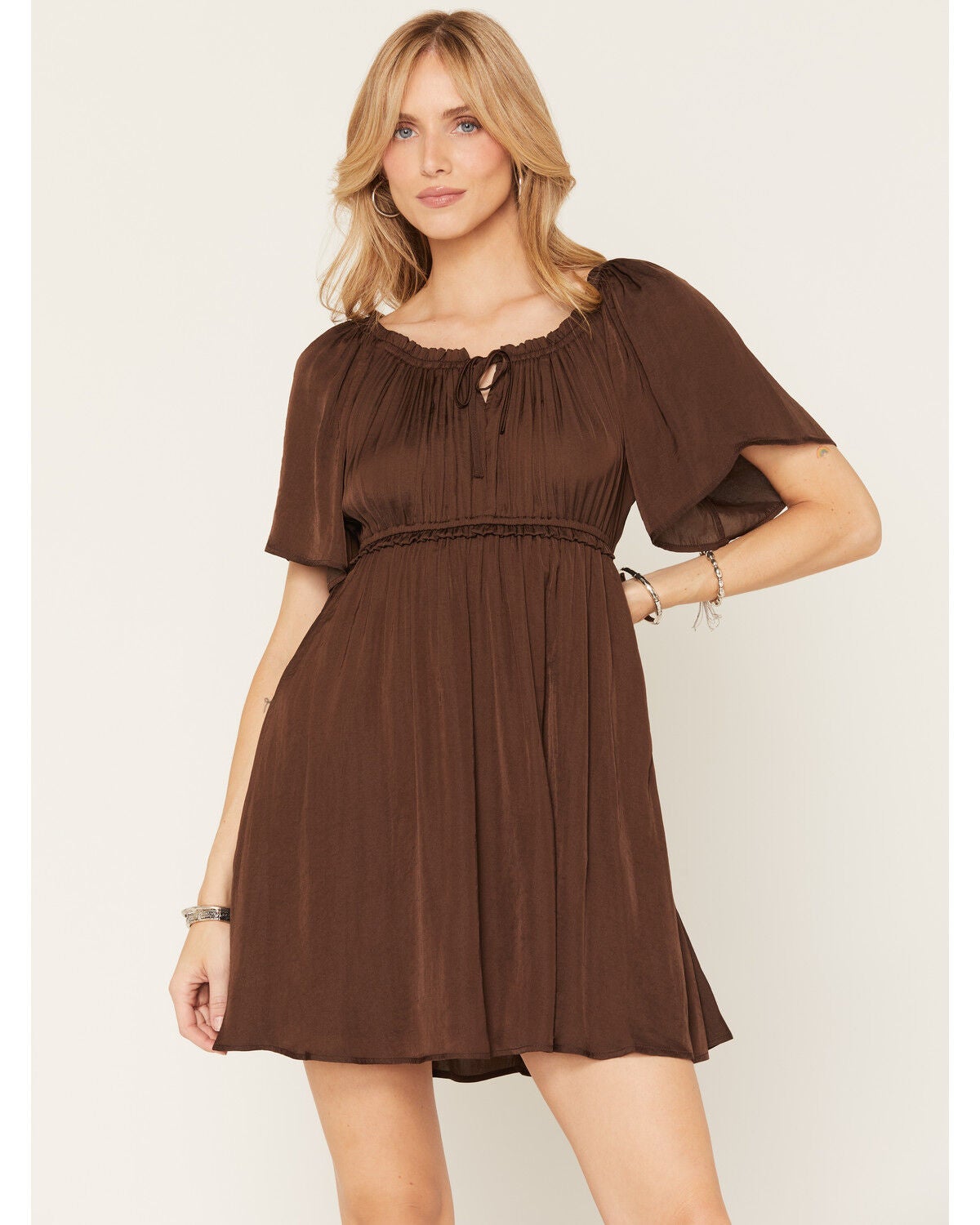 Shyanne Women's Hailey Satin Flounce Short Sleeve Mini Dress, Cognac, hi-res