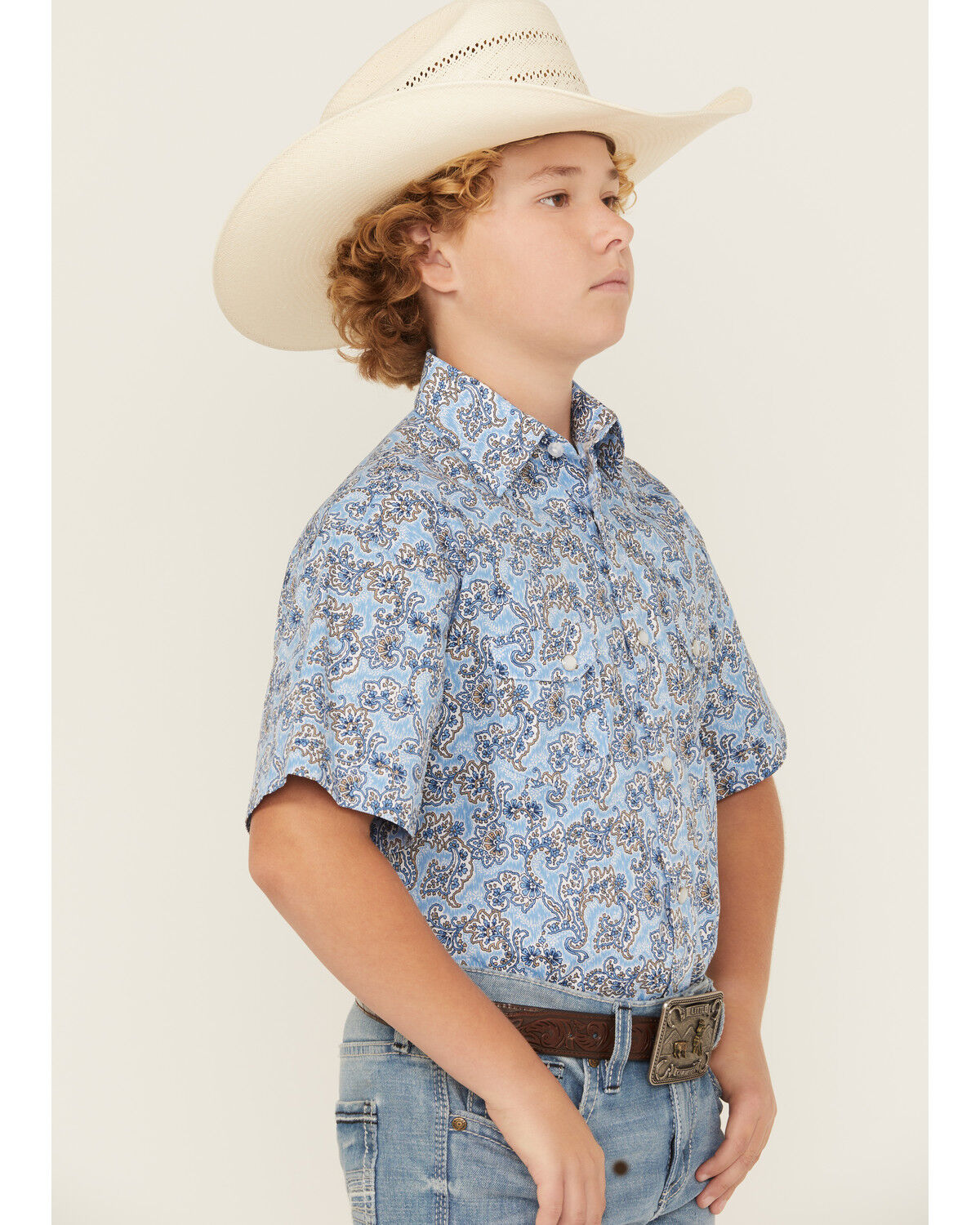 Image #3 - Rock & Roll Boys' Paisley Print Short Sleeve Pearl Snap Stretch Western Shirt, Blue, hi-res