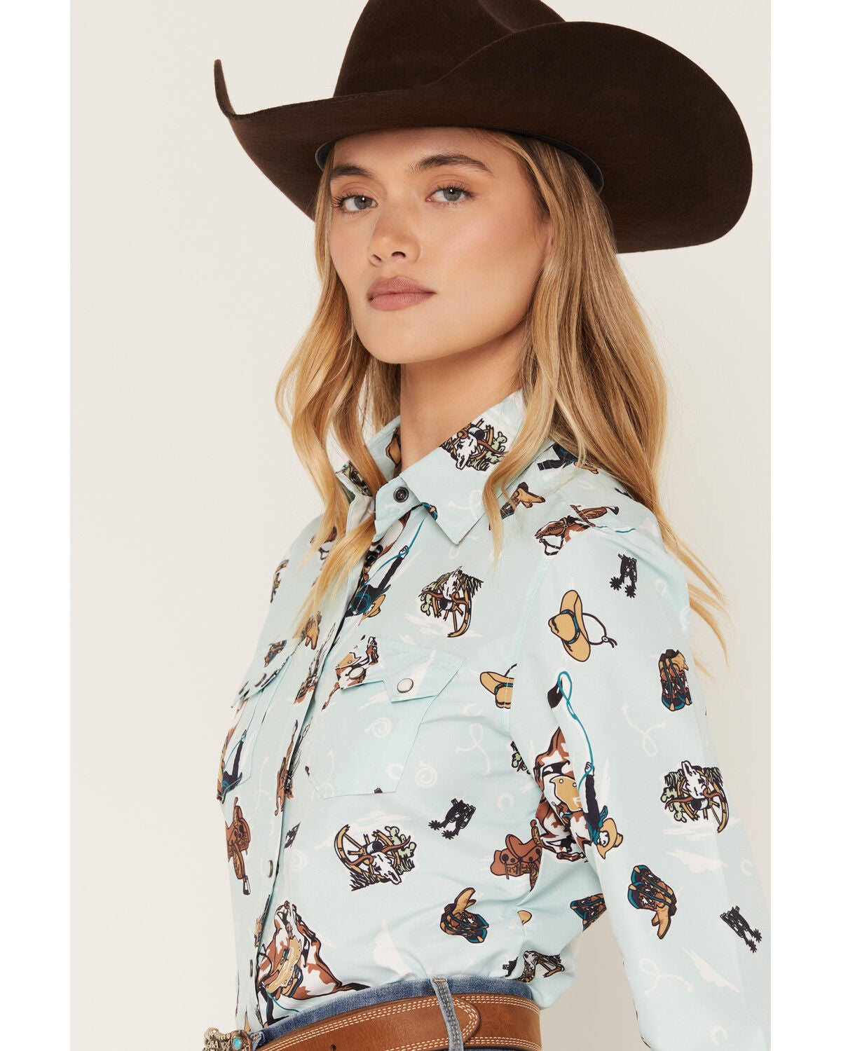 Image #2 - Cruel Girl Women's Horse Conversational Print Long Sleeve Snap Western Shirt, Light Blue, hi-res