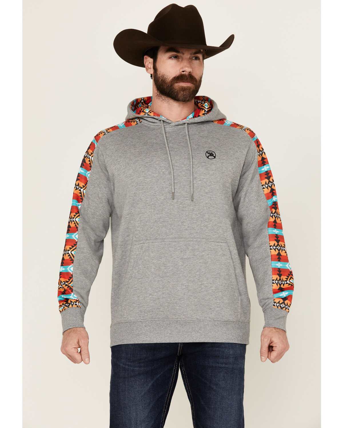Image #1 - Hooey Men's Canyon Southwestern Sleeve Block Hooded Sweatshirt, Grey, hi-res
