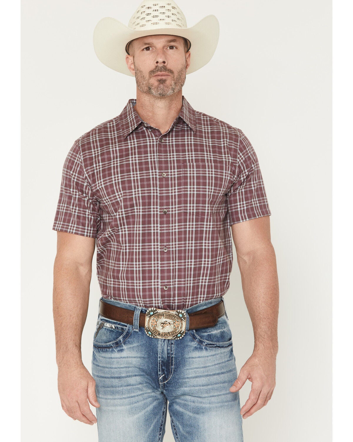 Image #1 - Cody James Men's Cowboy Brew Plaid Print Short Sleeve Button-Down Stretch Western Shirt, Burgundy, hi-res