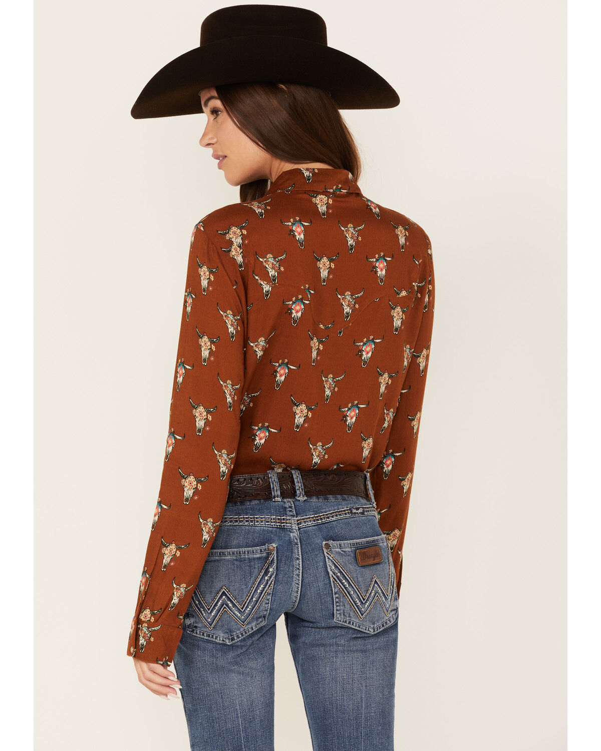 Image #4 - Roper Women's Steer Head Skull Print Long Sleeve Pearl Snap Western Shirt, Brown, hi-res