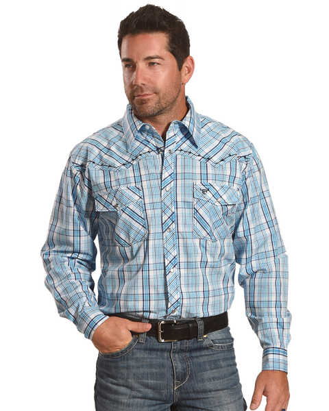 Image #1 - Cowboy Hardware Men's Picnic Plaid Print Long Sleeve Western Shirt , Blue, hi-res