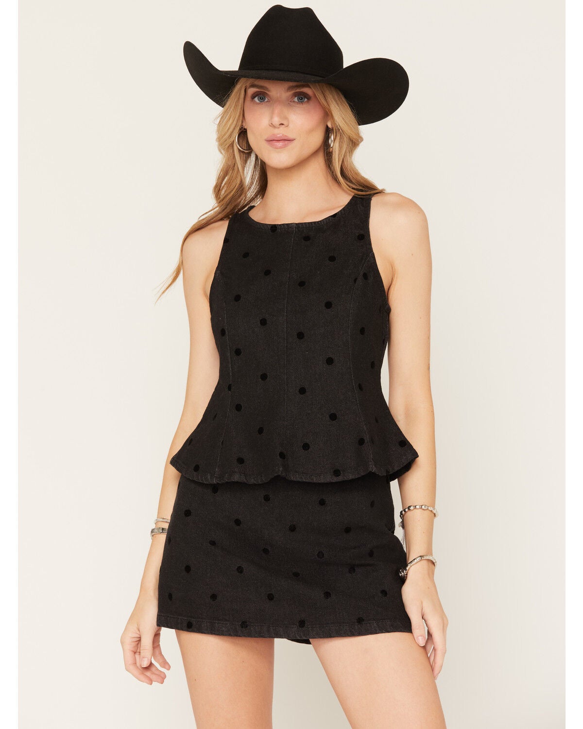 Cleo + Wolf Women's Polka Dot Denim Sleeveless Peplum Top, Black, hi-res