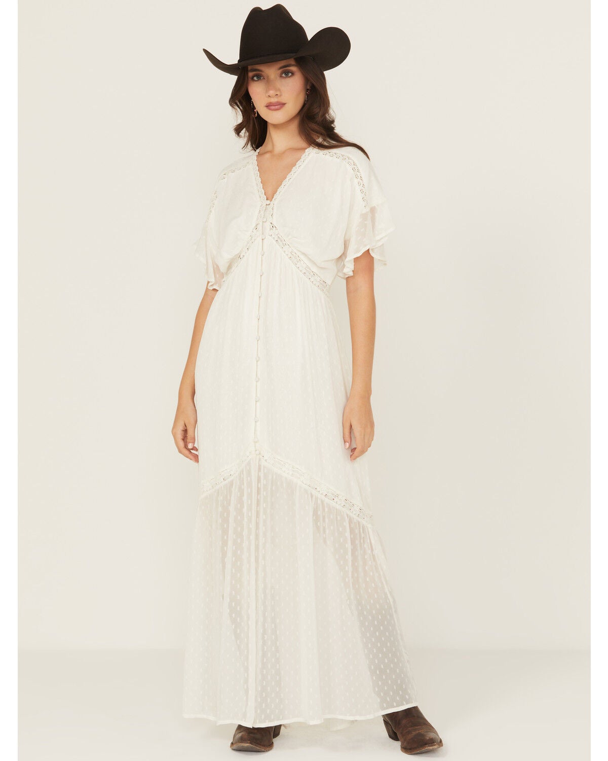 Shyanne Women's Lace Inset High-Low Maxi Dress, Ivory, hi-res