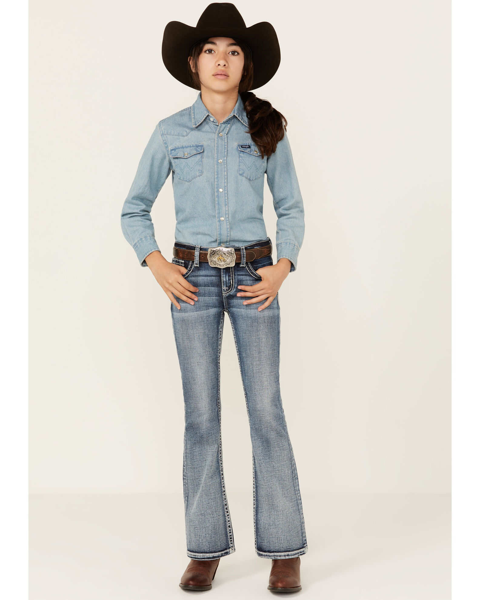 Image #3 - Miss Me Girls' Medium Wash Faded Stretch Bootcut Jeans, Light Blue, hi-res