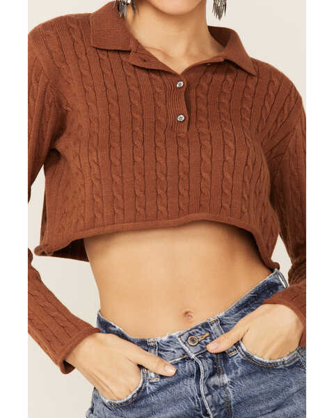 Image #2 - Callahan Women's Rootbeer Brown Cable Knit Long Sleeve Daisy Polo, Brown, hi-res