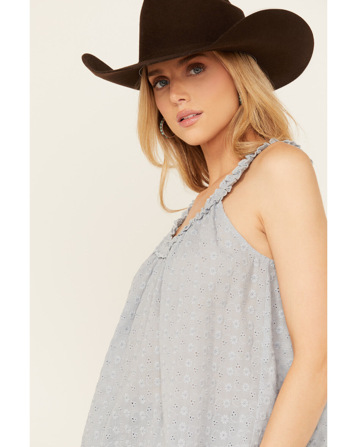Image #2 - Eyeshadow Women's Eyelet V Neck Tank, Light Blue, hi-res