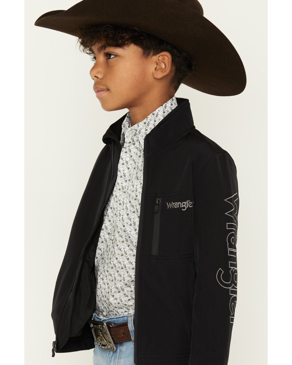 Image #2 - Wrangler Boys' Western Trail Team Logo Zip Jacket, Black, hi-res