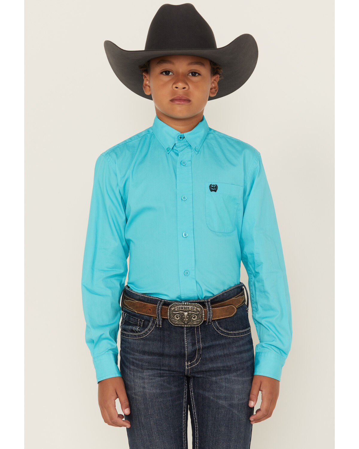 Image #1 - Cinch Boys' Solid Long Sleeve Button-Down Western Shirt, Turquoise, hi-res