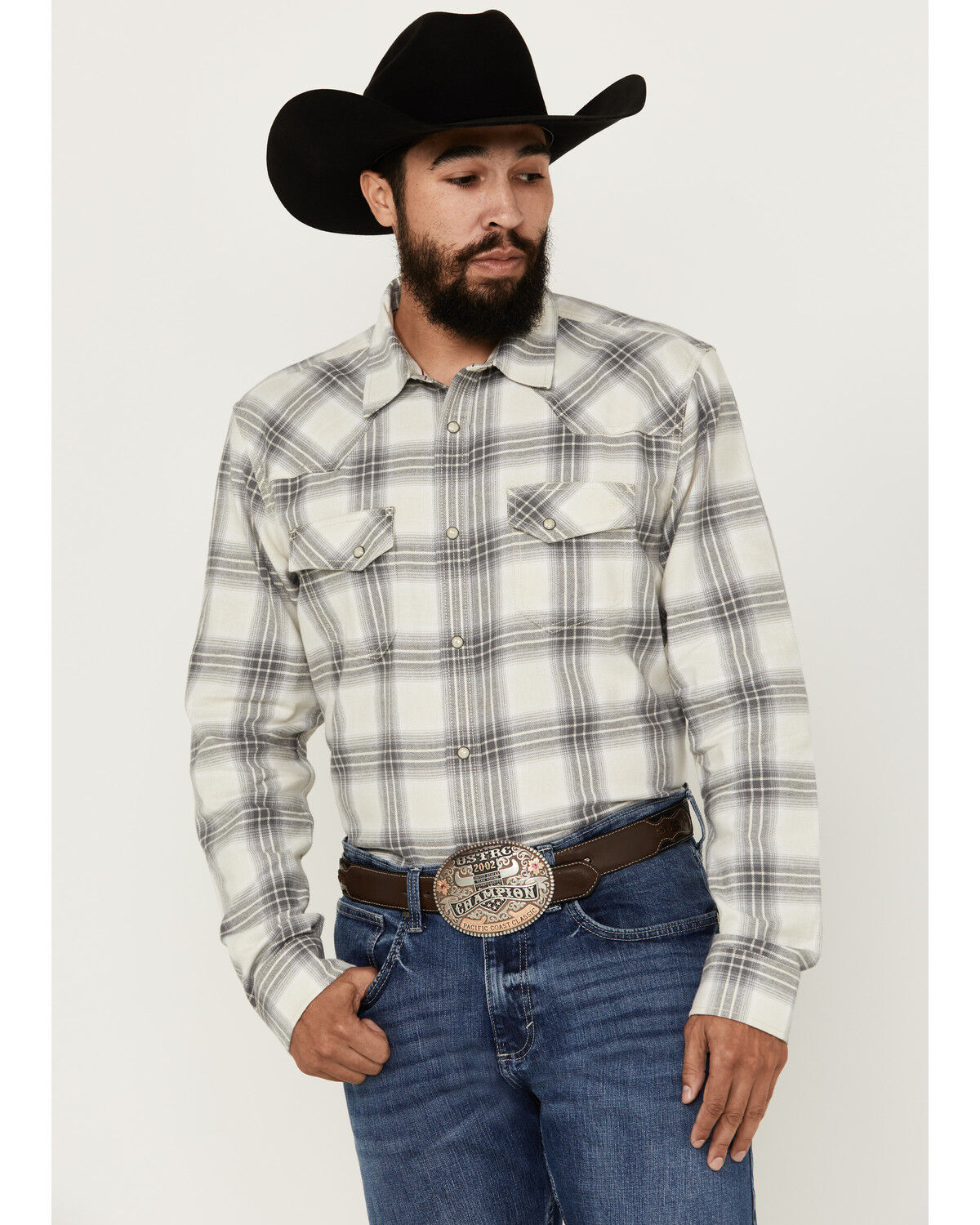 Image #1 - Blue Ranchwear Men's Hawkins Plaid Print Long Sleeve Snap Western Shirt, Grey, hi-res