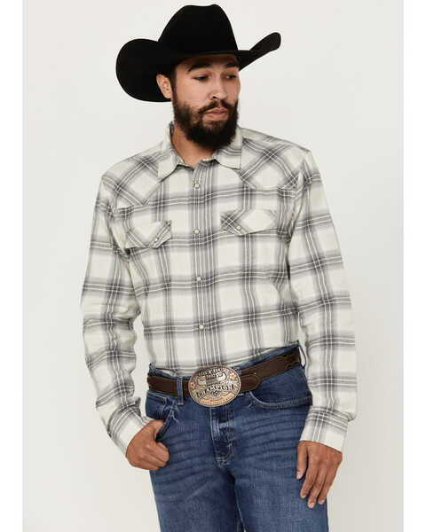 Blue Ranchwear Men's Hawkins Plaid Print Long Sleeve Snap Western Shirt , Grey, hi-res