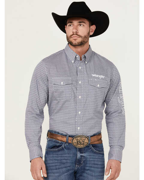 Image #2 - Wrangler Men's Geo Print Logo Long Sleeve Button-Down Western Shirt , Navy, hi-res