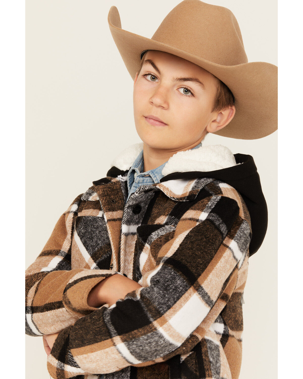 Image #2 - Urban Republic Boys' Plaid Print Sherpa Lined Snap Hooded Shacket, Brown, hi-res