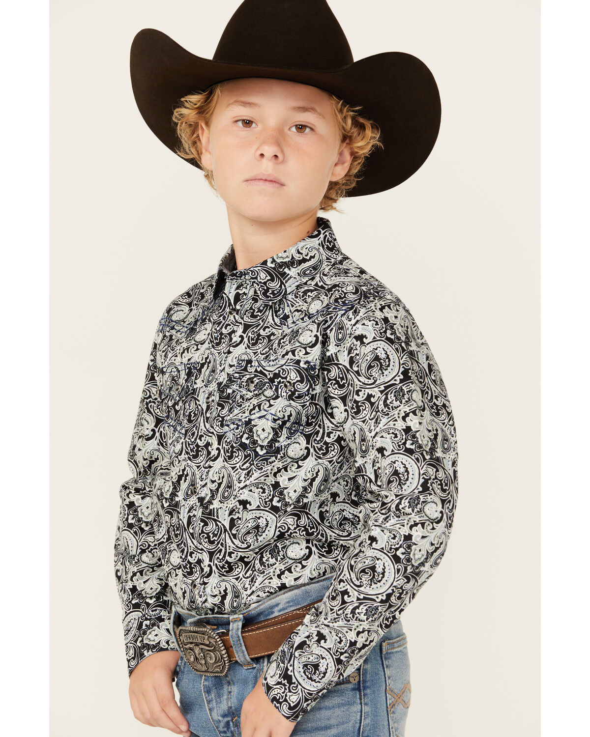 Image #2 - Cody James Boys' Showdown Paisley Print Long Sleeve Snap Western Shirt, Navy, hi-res