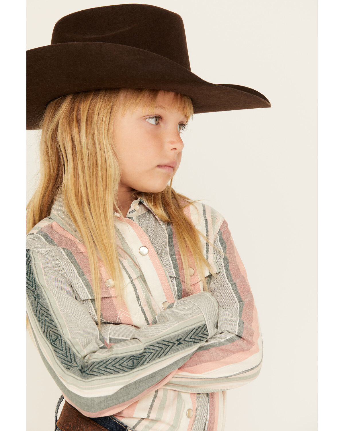 Image #2 - Wrangler Girl's Serape Striped Print Long Sleeve Pearl Snap Western Shirt, Grey, hi-res