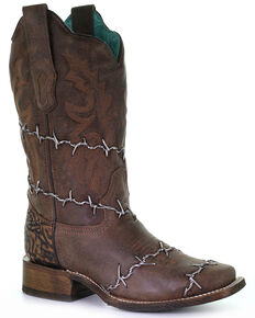 Corral Women's Barbed Wire Woven Western Boots - Square Toe, Brown, hi-res