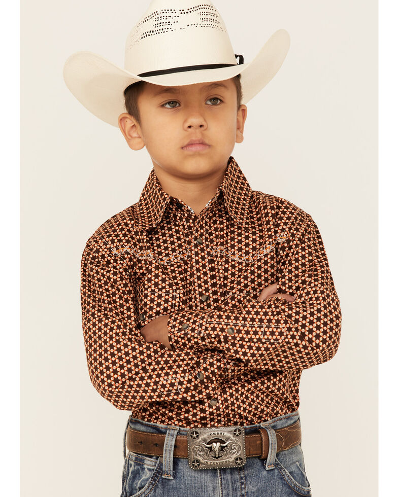 Cowboy Hardware Boys' Six Star Print Long Sleeve Western Snap Shirt, Orange, hi-res
