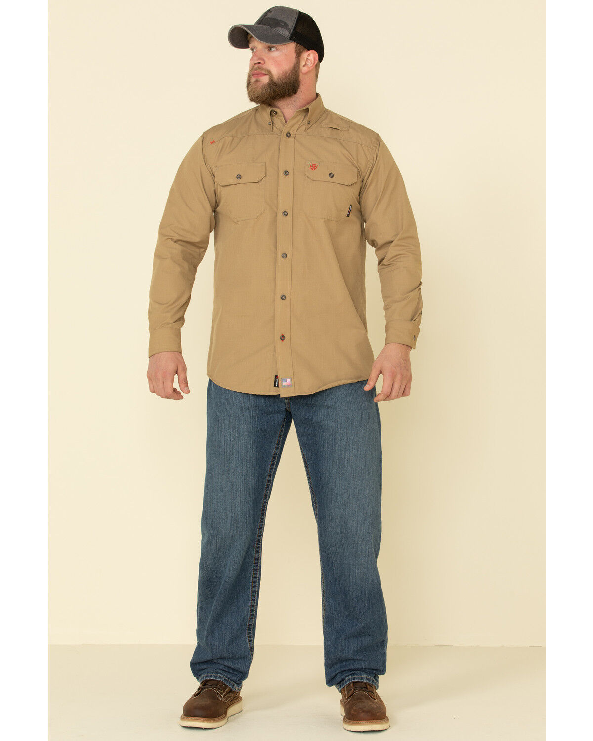 Image #3 - Ariat Men's Khaki FR Solid Featherlight Long Sleeve Work Shirt, Beige/khaki, hi-res