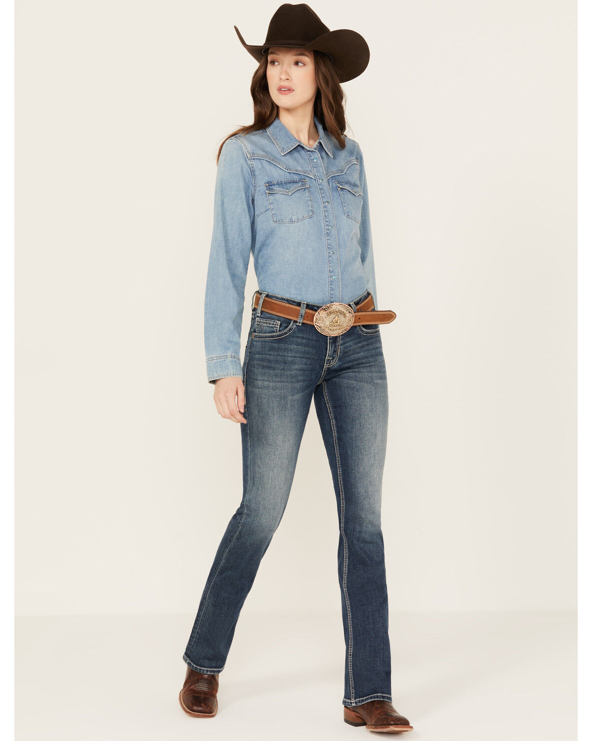 Image #1 - Panhandle Women's Medium Wash Mid Rise Stretch Riding Jeans, Medium Wash, hi-res