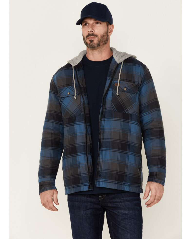 Wrangler Riggs Men's Navy & Grey Plaid Hooded Zip-Front Work Shirt Jacket , Navy, hi-res
