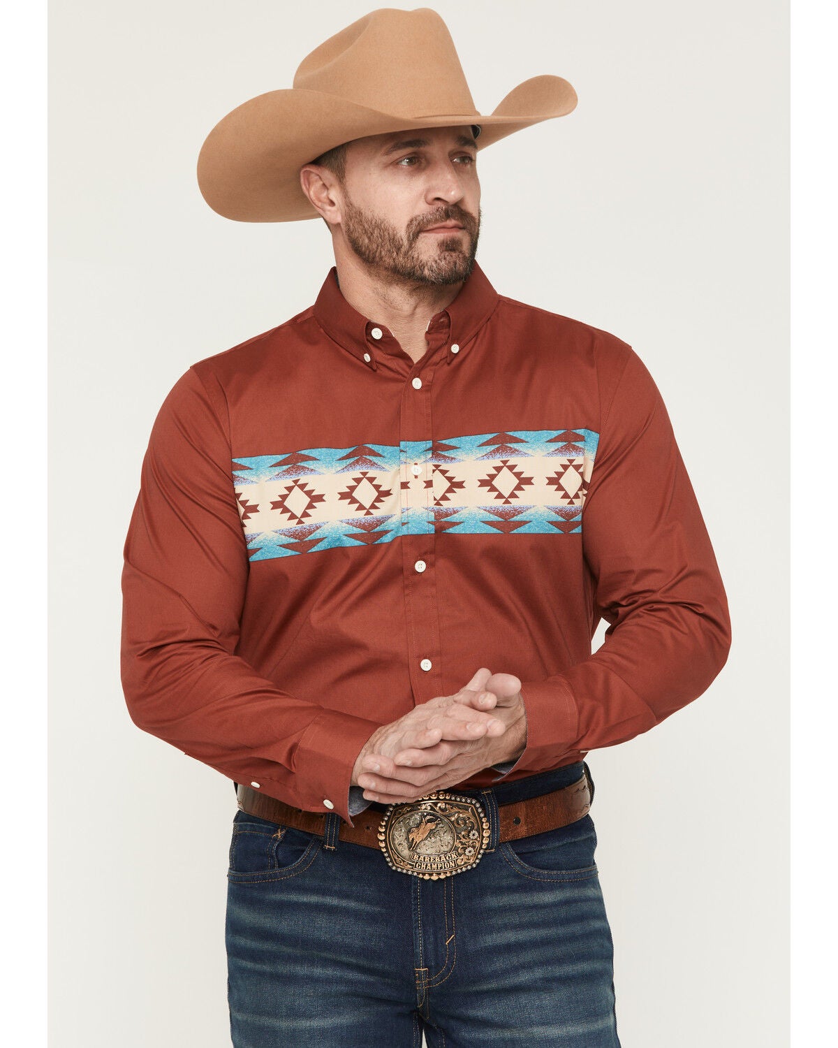 Image #1 - RANK 45&reg; Men's Red Rock Southwestern Border Print Long Sleeve Button-Down Stretch Western Shirt, Chilli, hi-res