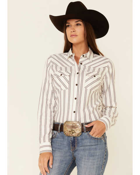 Shyanne  Women's Ivory Stripe Button-Down Western Core Riding Shirt , Ivory, hi-res
