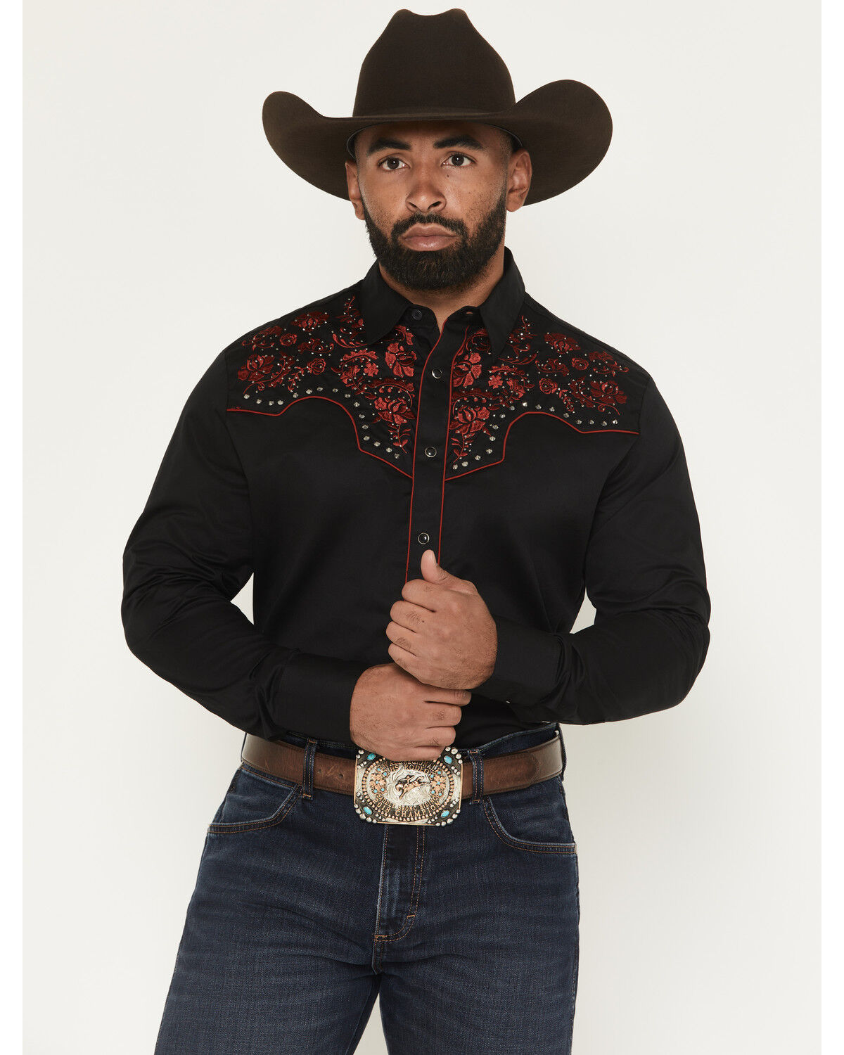 Image #1 - Rodeo Clothing Men's Embroidered Embellished Long Sleeve Snap Western Shirt, Black, hi-res