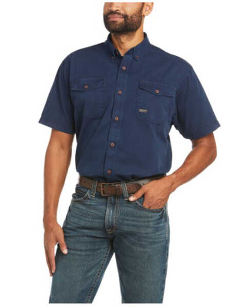 Ariat Men's Rebar Washed Twill Short Sleeve Button Down Work Shirt , Navy, hi-res