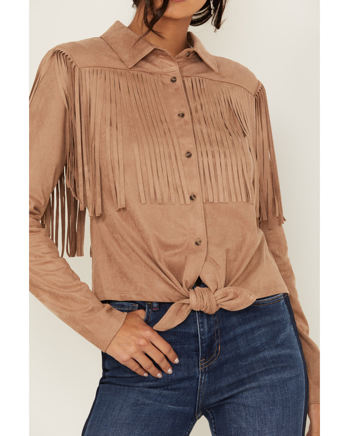 Image #3 - Idyllwind Women's Fate Tie-Front Faux Suede Fringe Shirt, Tan, hi-res