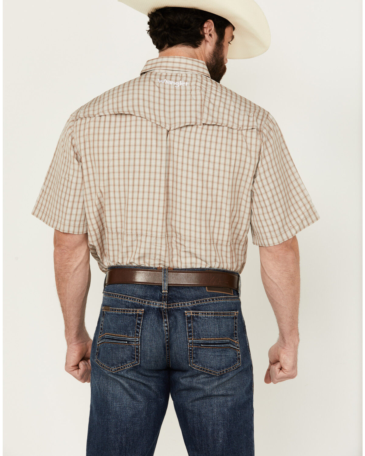 Image #4 - Wrangler Men's Plaid Print Short Sleeve Snap Performance Western Shirt, Tan, hi-res