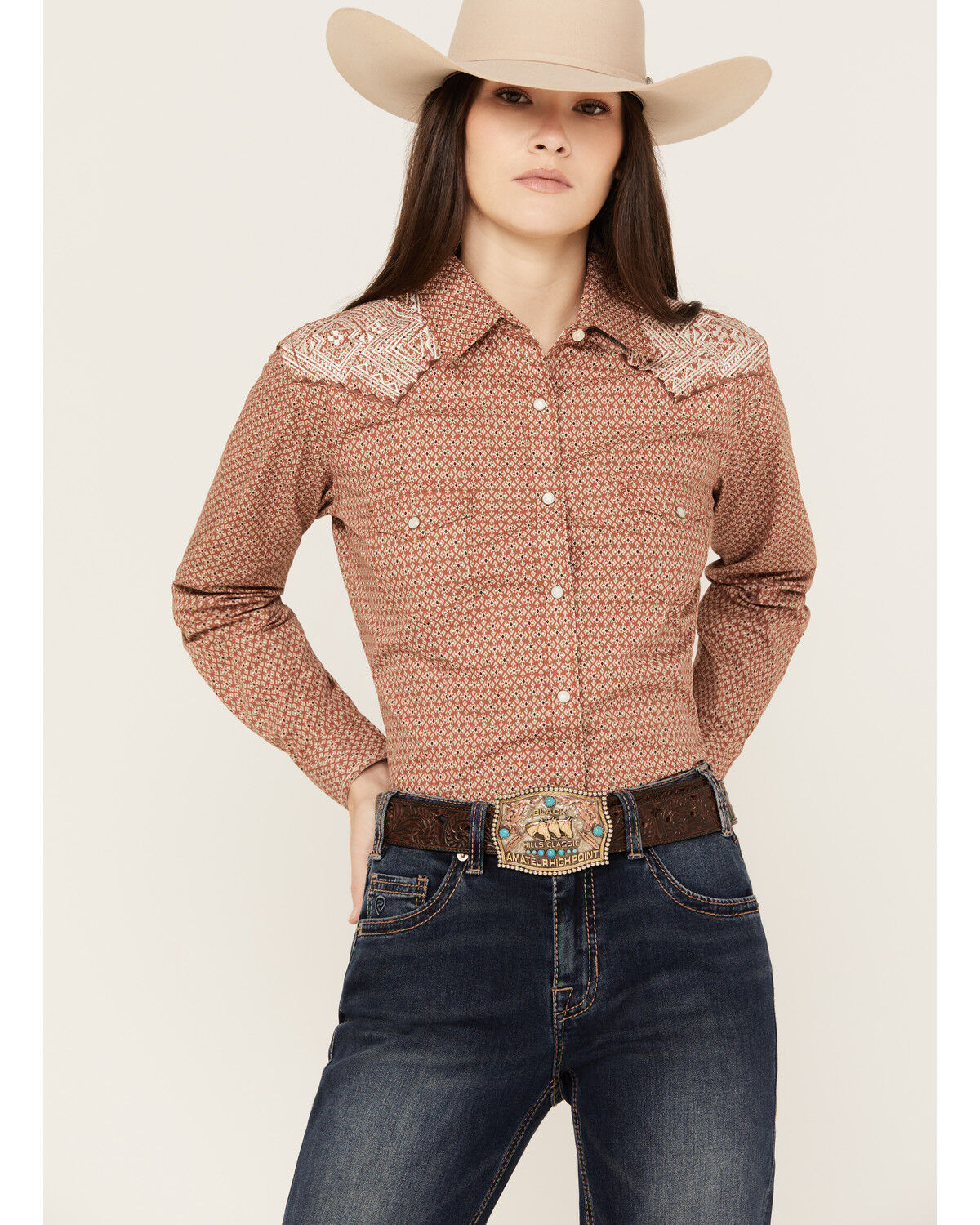 Image #1 - Rough Stock by Panhandle Women's Geo Print Long Sleeve Western Snap Shirt, Rust Copper, hi-res
