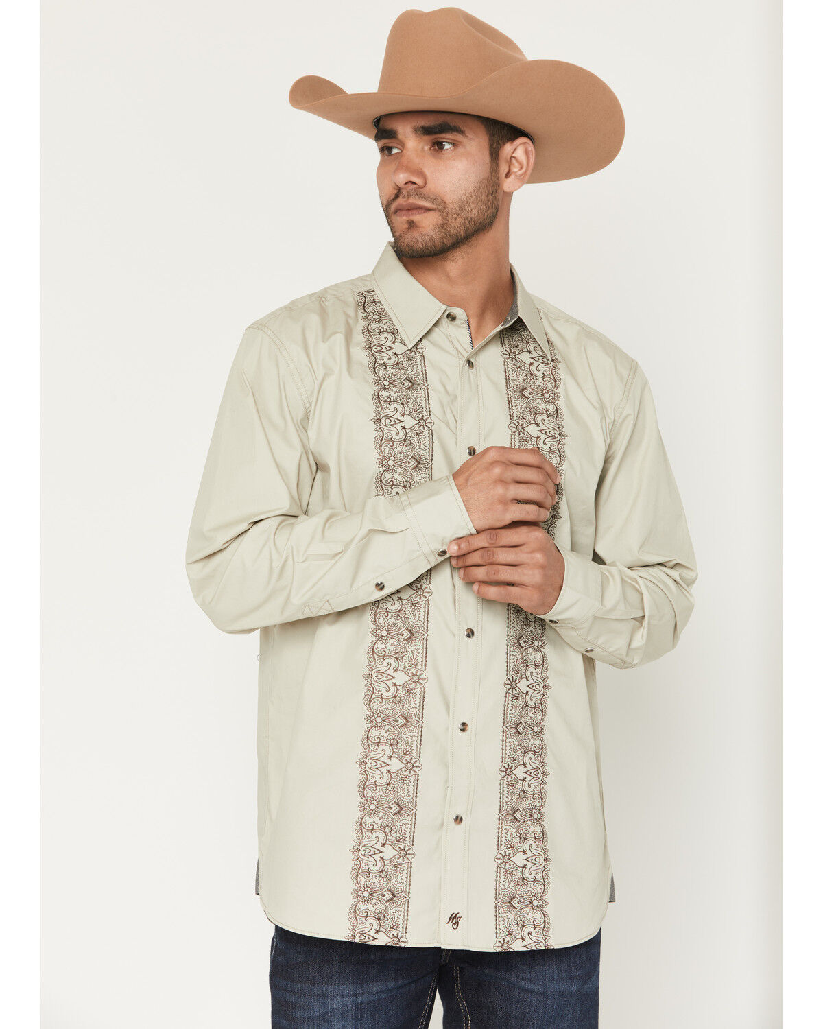 Image #1 - Moonshine Spirit Men's Heart Embroidered Long Sleeve Snap Western Shirt, Tan, hi-res