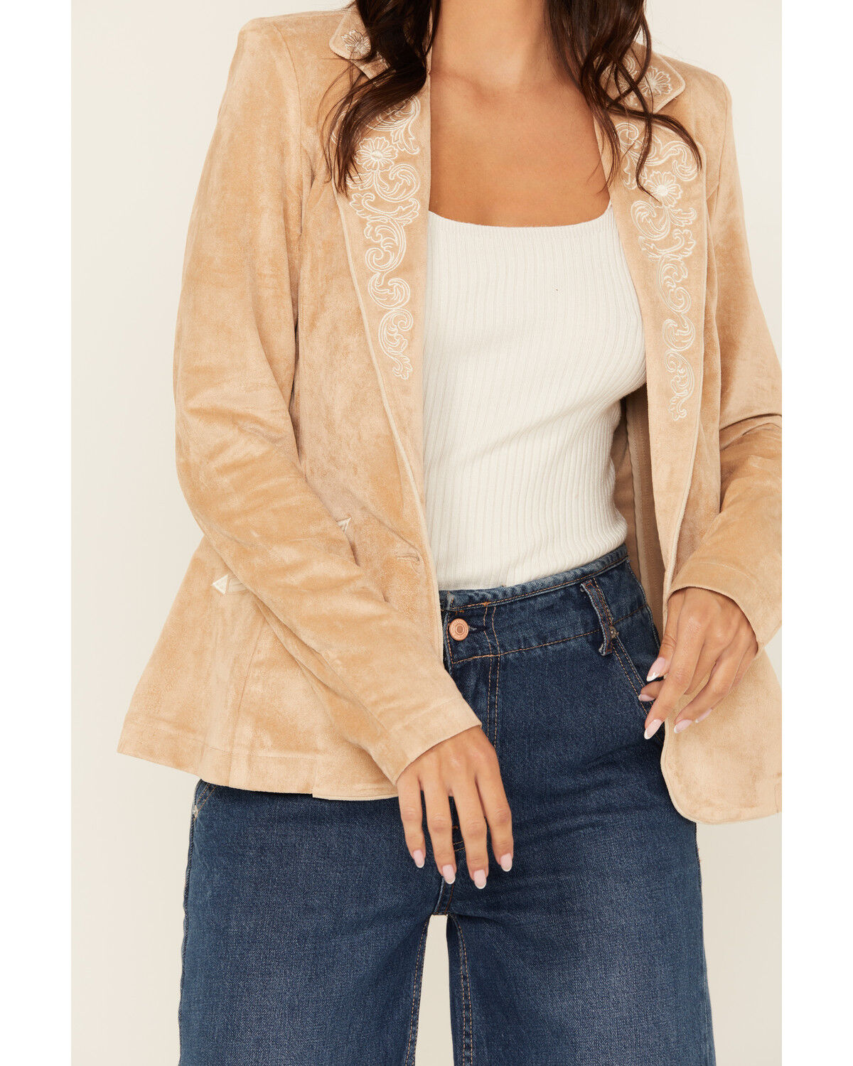 Image #3 - Panhandle Women's Faux Suede Floral Embroidered Blazer, Tan, hi-res