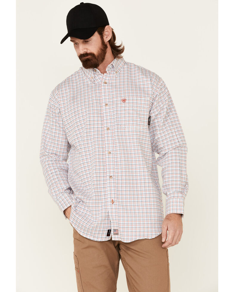 Ariat Men's Flame Resistant Gauge Plaid Long Sleeve Work Shirt - Big & Tall, White, hi-res