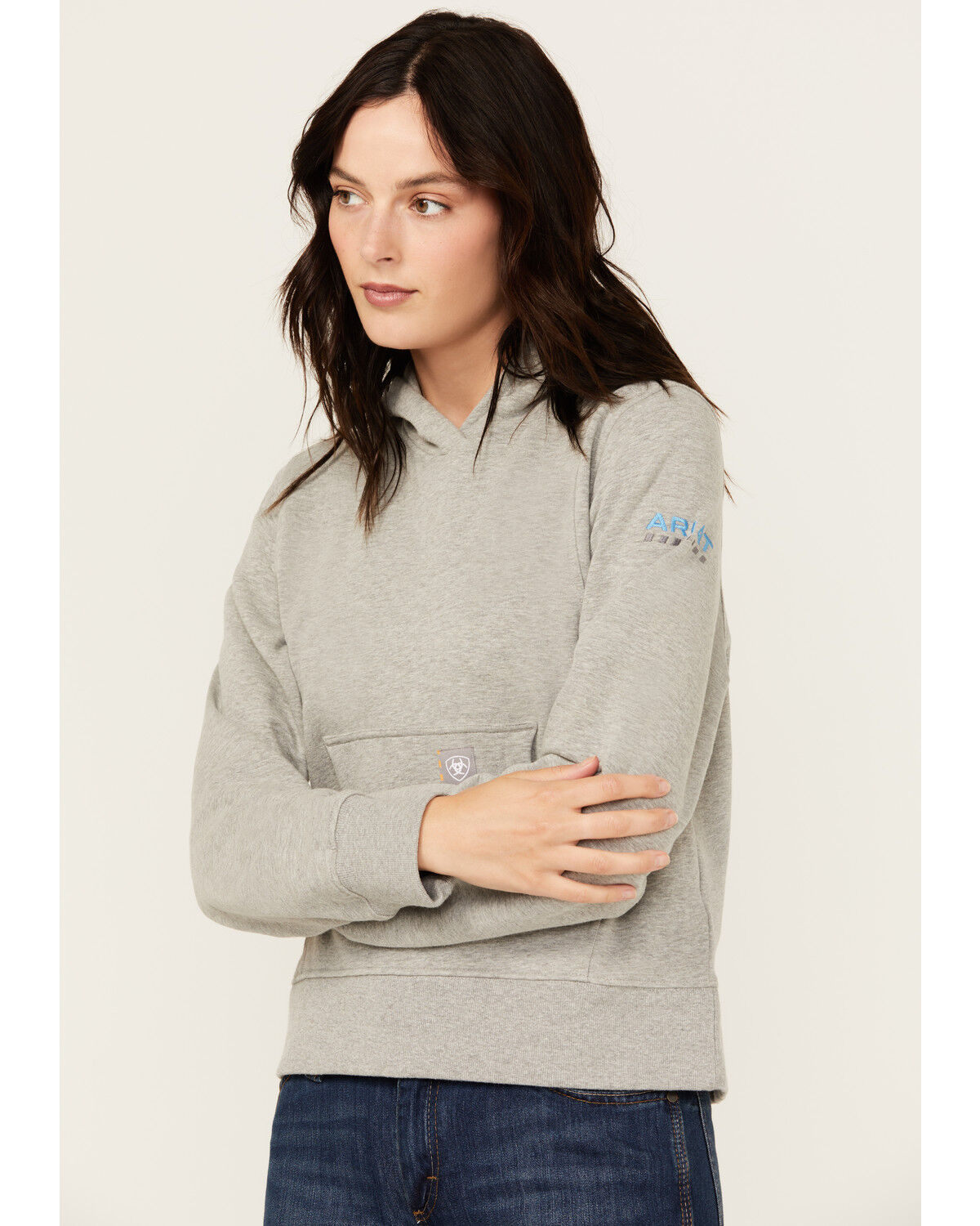 Image #2 - Ariat Women's Rebar Lightweight Cropped Hoodie, Heather Grey, hi-res
