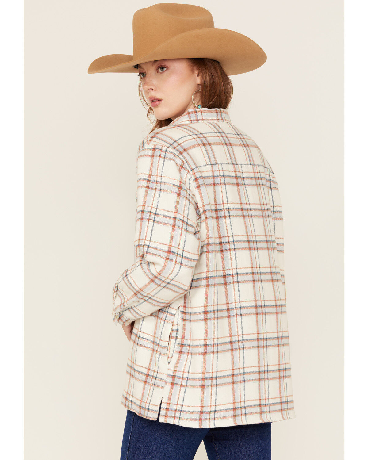 Image #4 - Ely Walker Women's Plaid Print Sherpa Lined Button-Down Shacket, Stone, hi-res